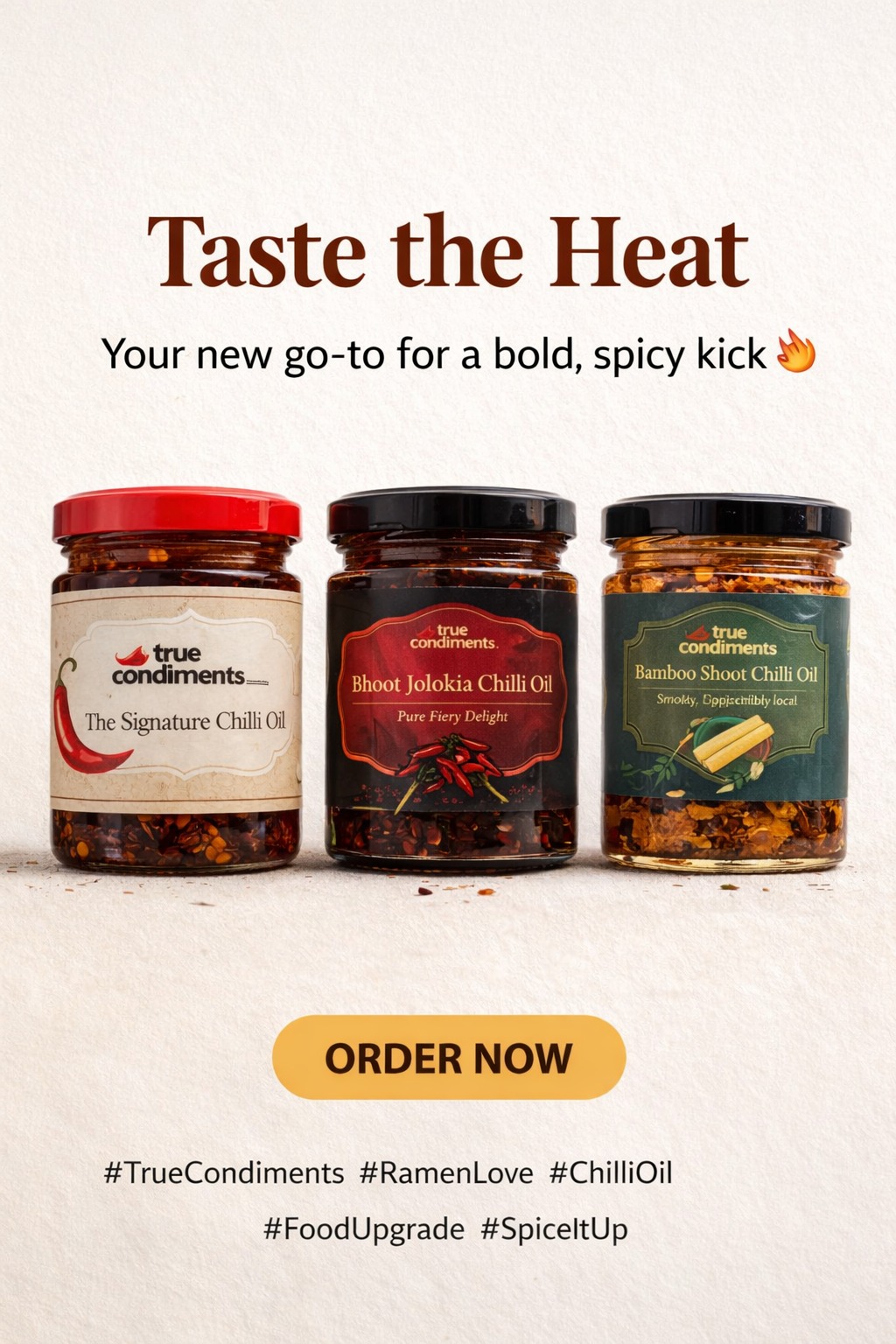 Taste The Heat — all three chilli oil jars lined up together